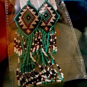 Beautiful Beaded Native Style Turquoise with Gold Accent Dangly Earrings